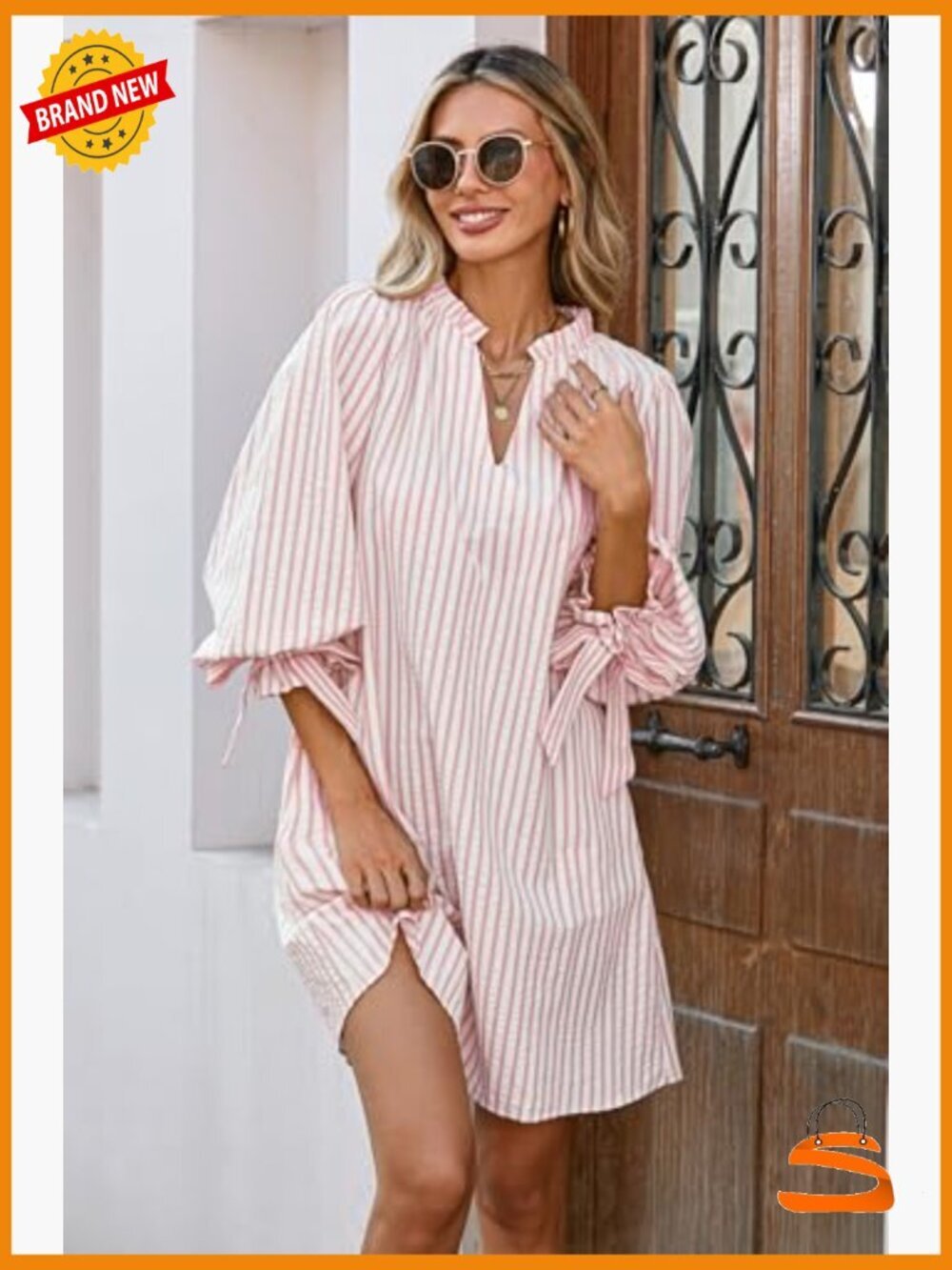 V Neck 3/4 Puff Sleeve Striped A Line Shirt Dress with Pockets - Picture 5 of 6